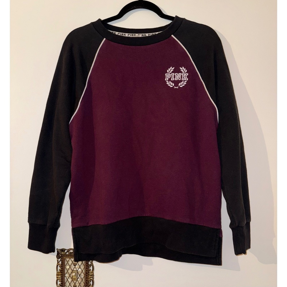 PINK Victoria's Secret Burgundy Black Raglan Oversized Crewneck Sweatshirt XS‎
